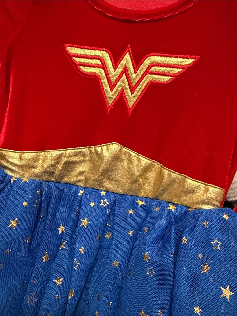 Girls' Red & Blue Superhero Dress with Gold Accents